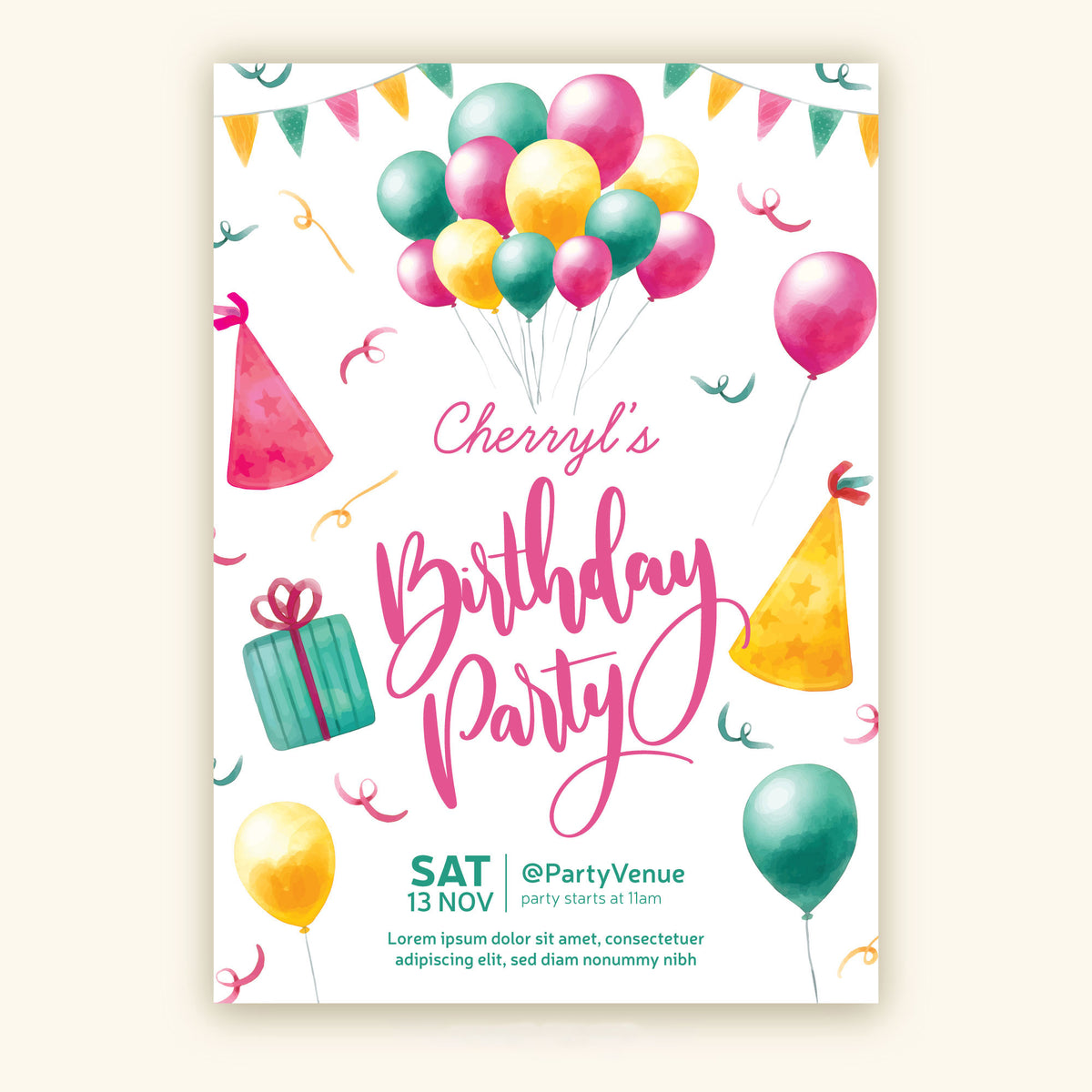 Plantable Bold Balloons Birthday Party Invitation Card
