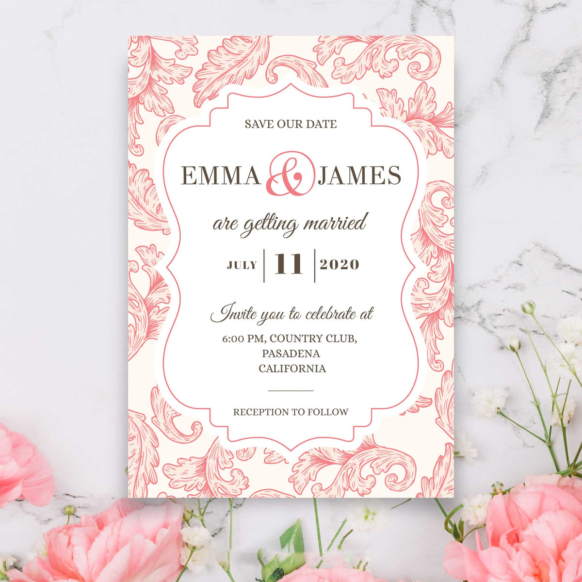 Plantable Dainty Damask Wedding Invitation Card