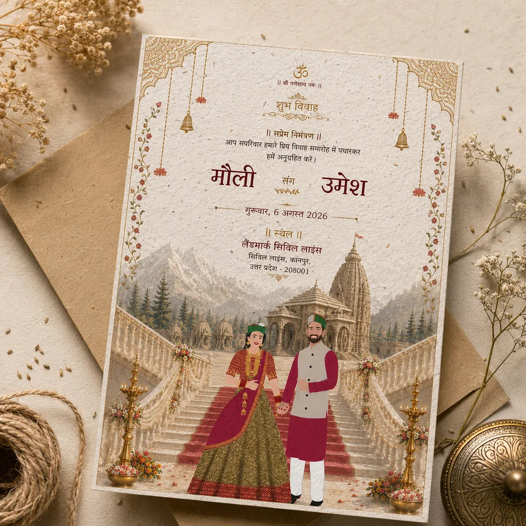 Eco-Friendly Himachal Hindu Wedding Invitation Card on Plantable Seed Paper