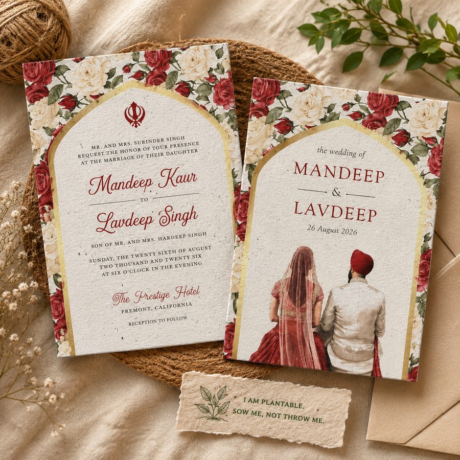 Luxury Floral Punjabi Sikh Plantable Eco-Friendly Wedding Card by Wildlense
