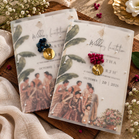Wildlense Luxury Pearl & Dried Flower Translucent Wedding Invitation Cover