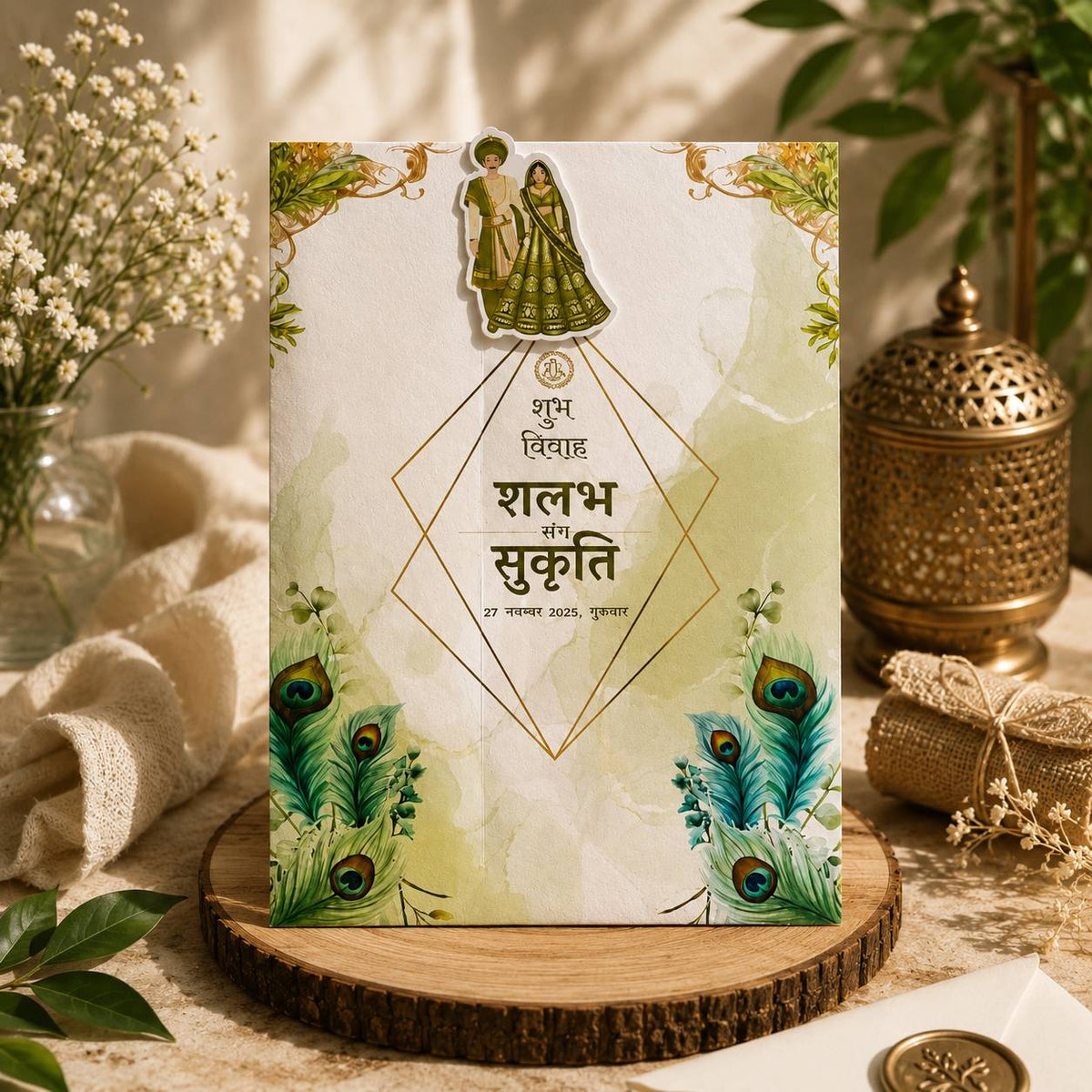 Premium Plantable Sliding Wedding Invitation Card Peacock Marathi Theme