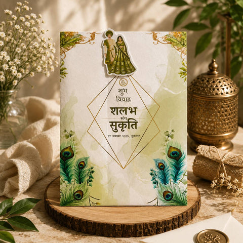 Premium Plantable Sliding Wedding Invitation Card Peacock Marathi Theme