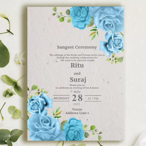 Plantable 'Arctic Blue & Green' Floral Sangeet Invitation Card Wildlense