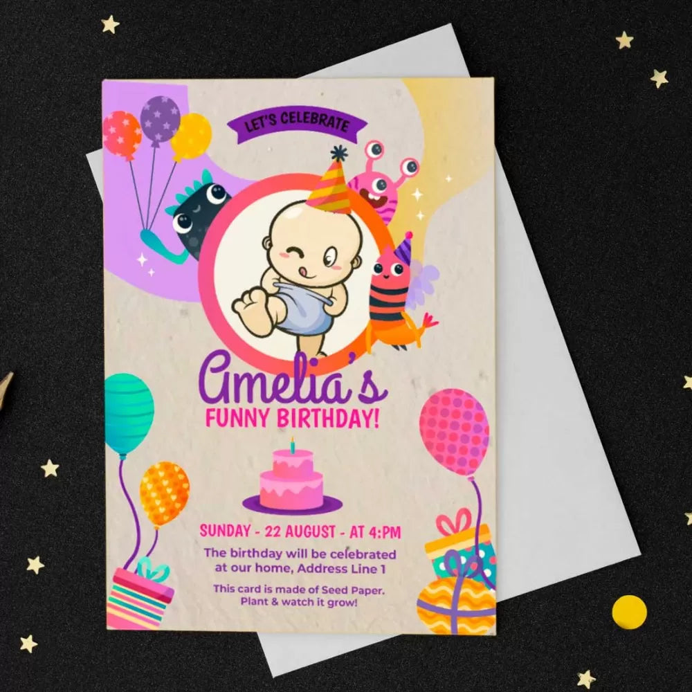 Plantable Chucklesome 'First Birthday Party' Invitation Card Wildlense