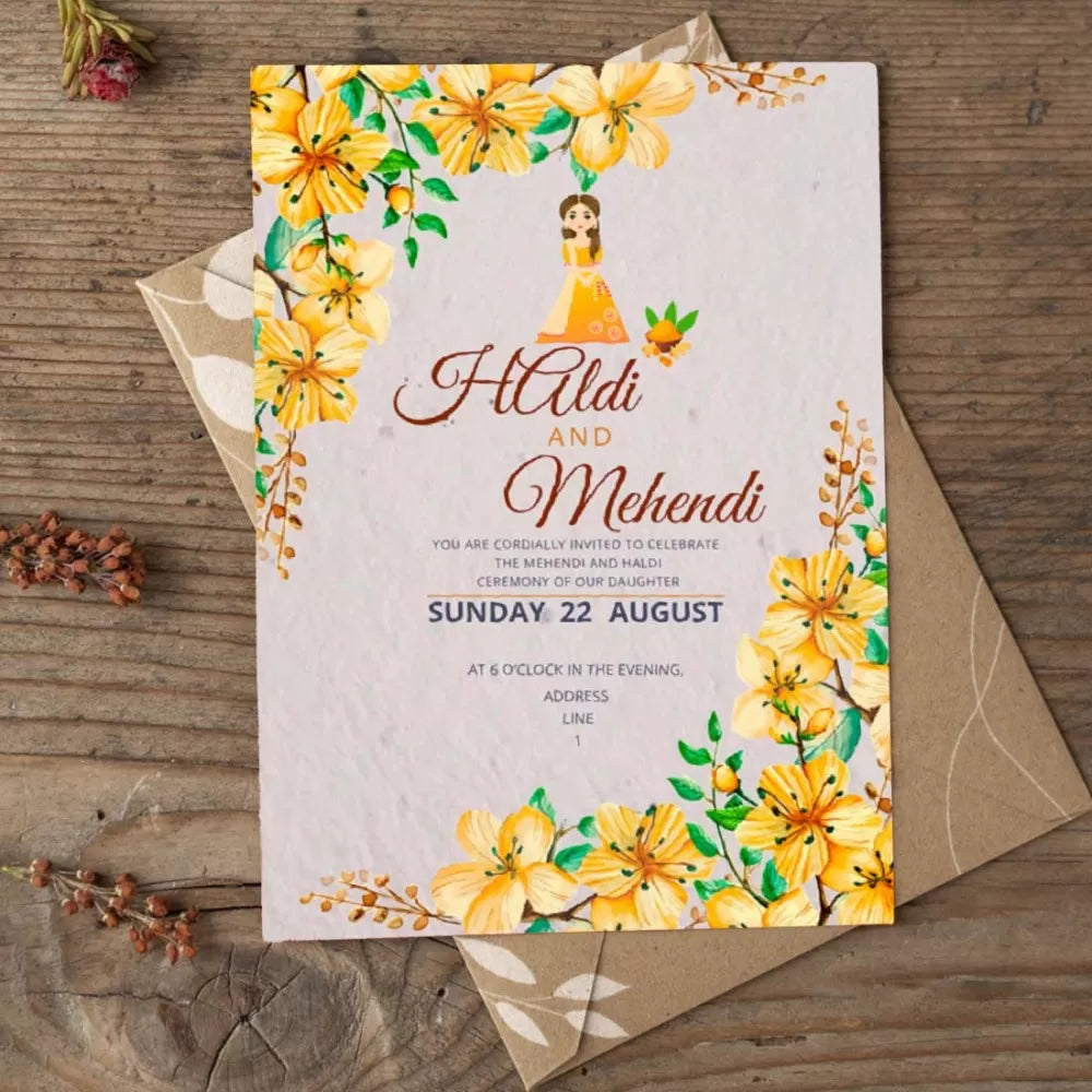 Plantable 'Divine & Shine' Floral Wedding Haldi Invitation Card Wildlense