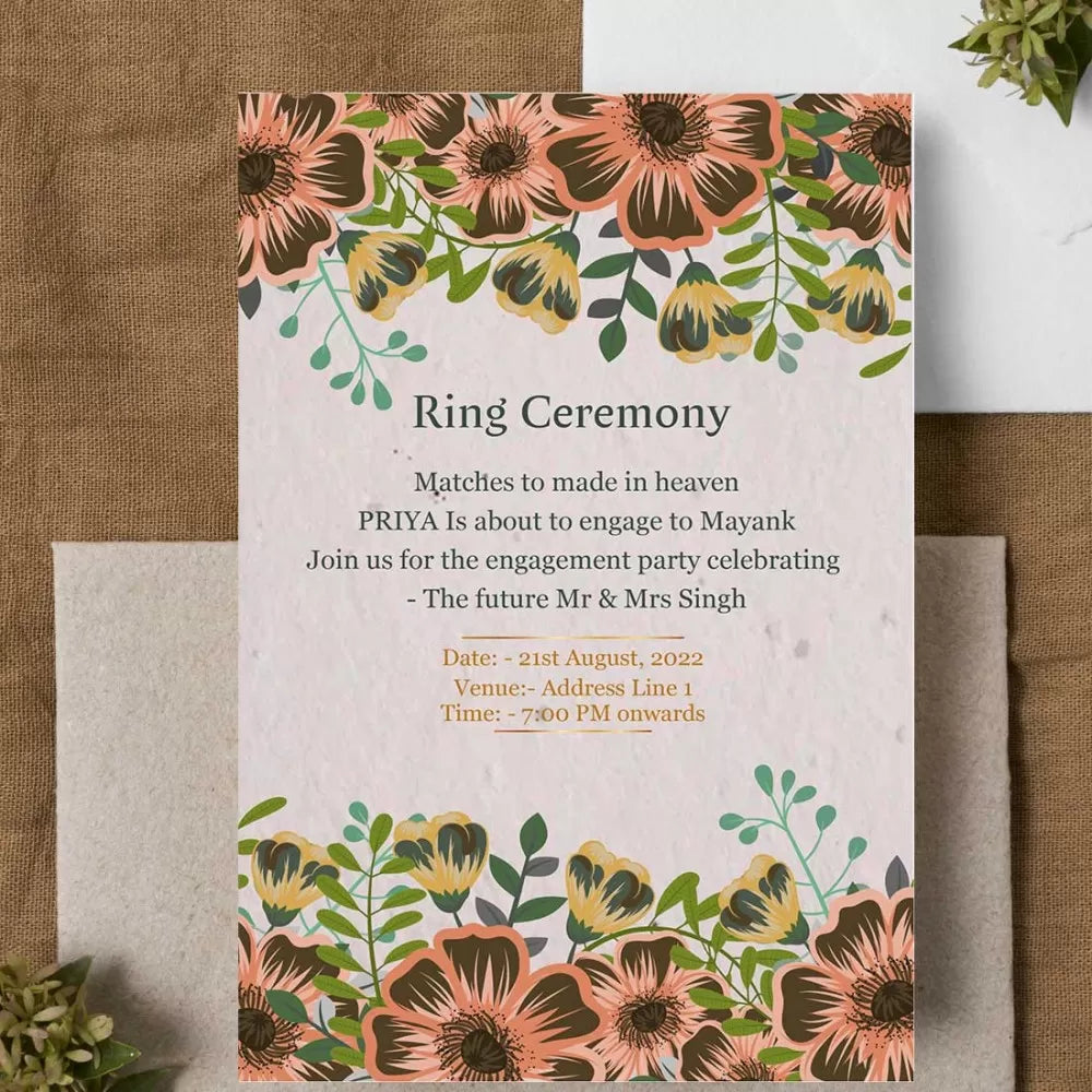 Plantable 'Floral Pattern' Ring Ceremony Invitation Card Wildlense