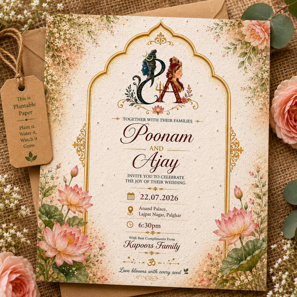 Plantable Lotus Shiv Parvati Hindu Wedding Card