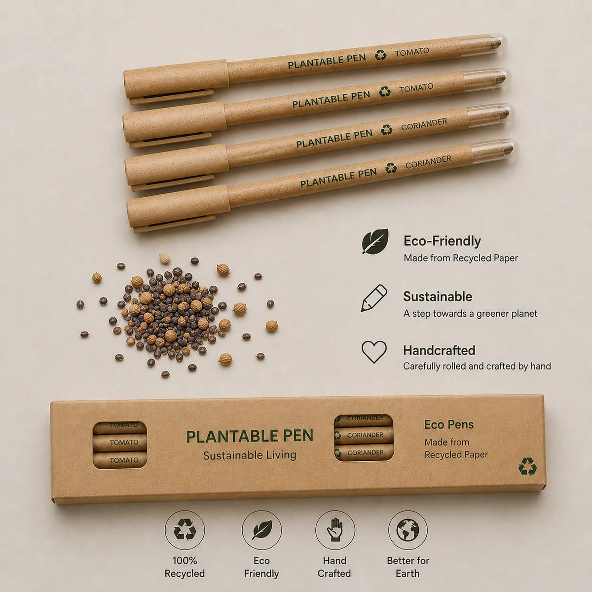 Plantable Pen (Pack of 10) | Eco-Friendly Biodegradable Pens with Growable Seeds | Custom Printed Sustainable Corporate Gift