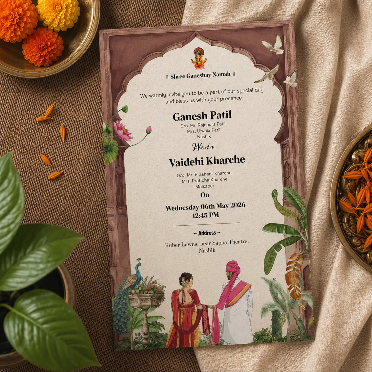 Premium Marathi Plantable Wedding Invitation Card | Eco-Friendly Seed Paper Lagna Patrika | Royal Palace Theme Wedding Invite