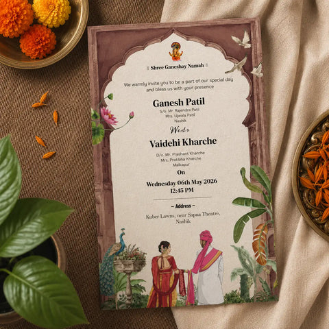 Premium Marathi Plantable Wedding Invitation Card | Eco-Friendly Seed Paper Lagna Patrika | Royal Palace Theme Wedding Invite