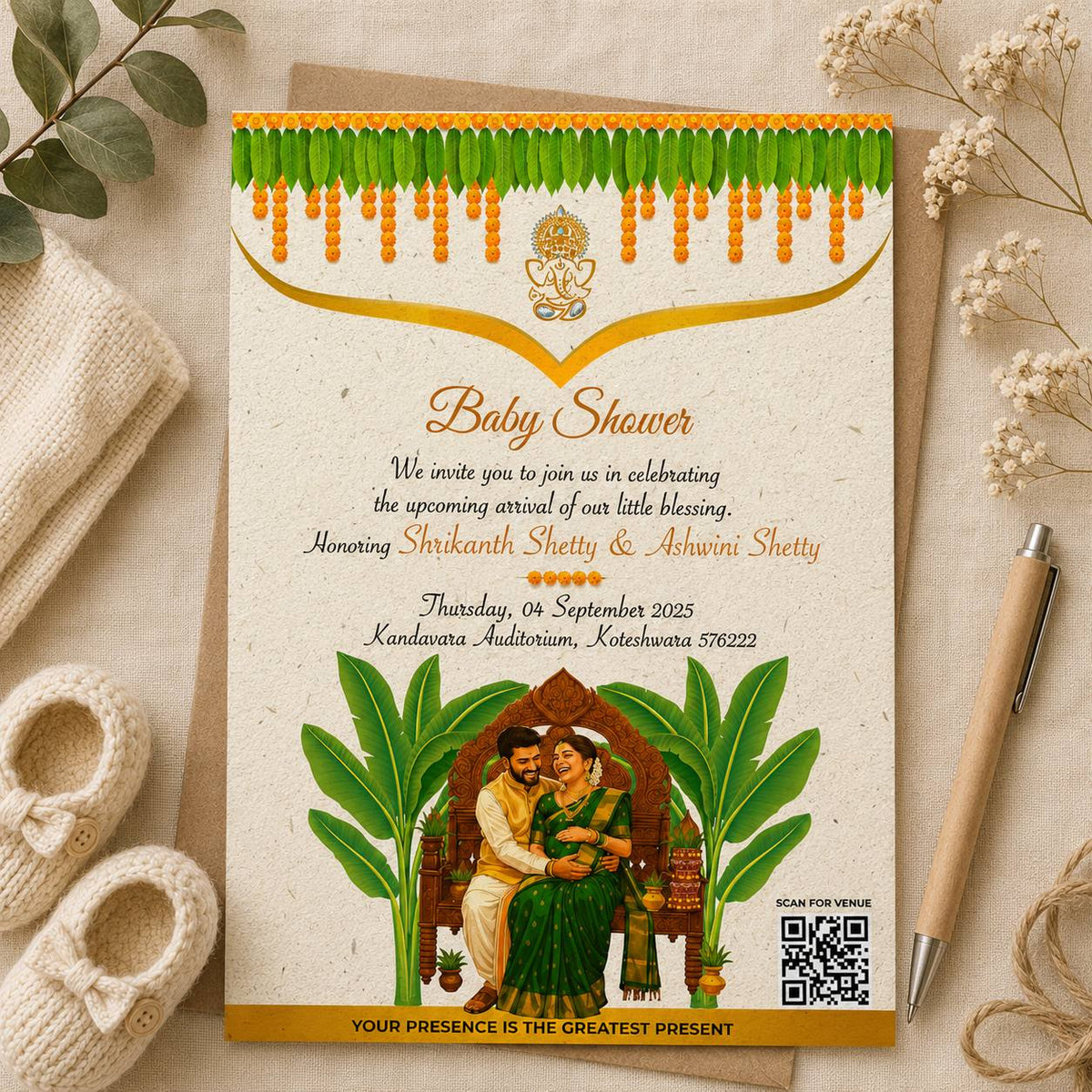 Traditional South Indian Plantable Baby Shower Invitation Card | Eco-Friendly Seed Paper Invite