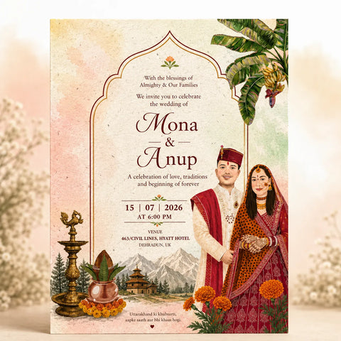 Uttarakhand Heritage Hindu Plantable Wedding Invitation Card