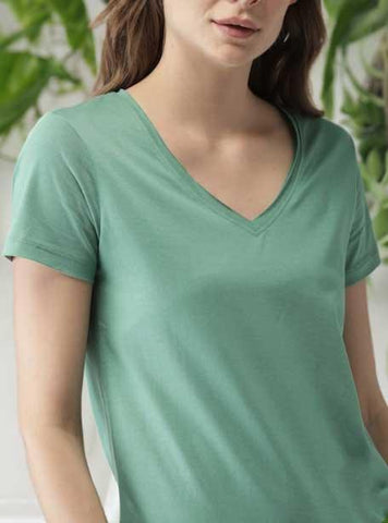Wildlense Women Mint Green Solid V-Neck T-shirt Wildlense