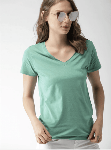 Wildlense Women Olive Green Solid V-Neck T-shirt Wildlense