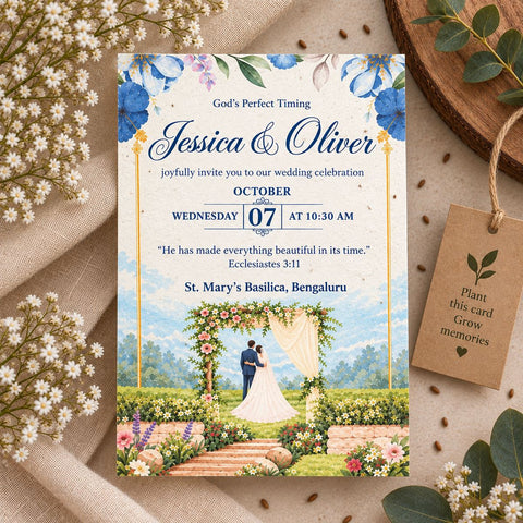 Wildlense Elegant Christian Blue Floral & Bible Verse Wedding Invitation Card
