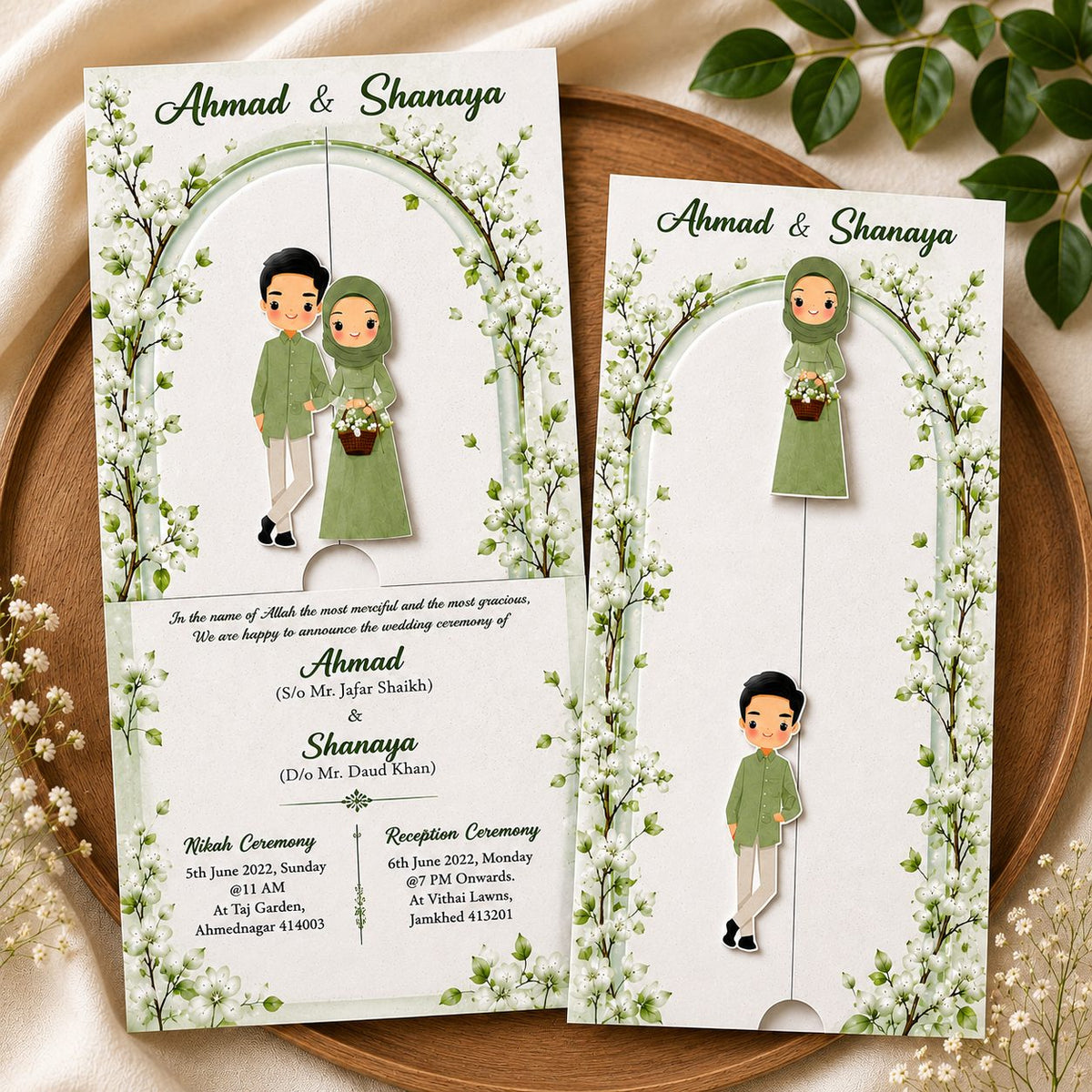 Wildlense Green Floral Islamic Nikha  Sliding Plantable Wedding Invitation Card