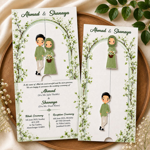Wildlense Green Floral Islamic Nikha  Sliding Plantable Wedding Invitation Card
