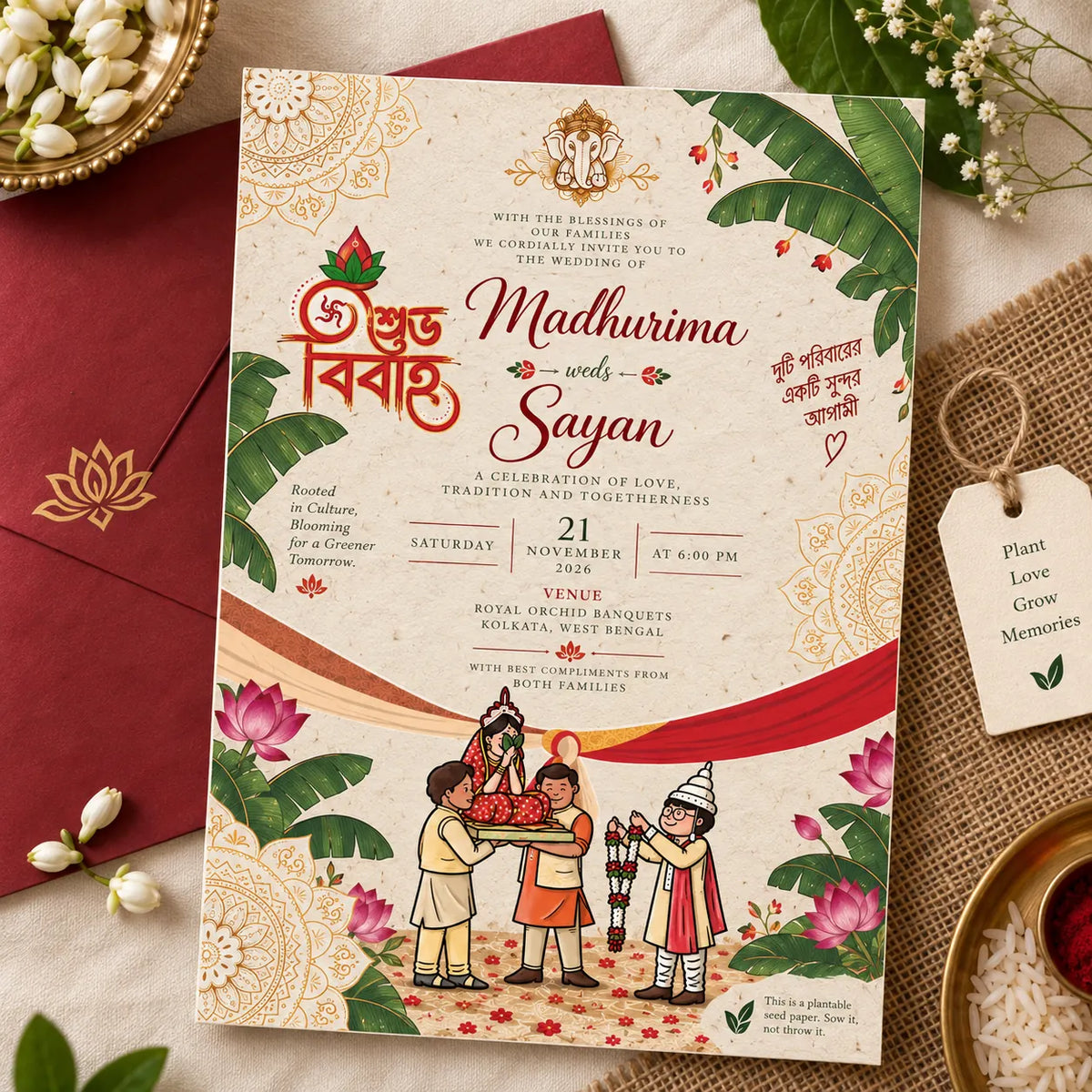 Wildlense Plantable Bengali Folk Tradition Wedding Invitation Card