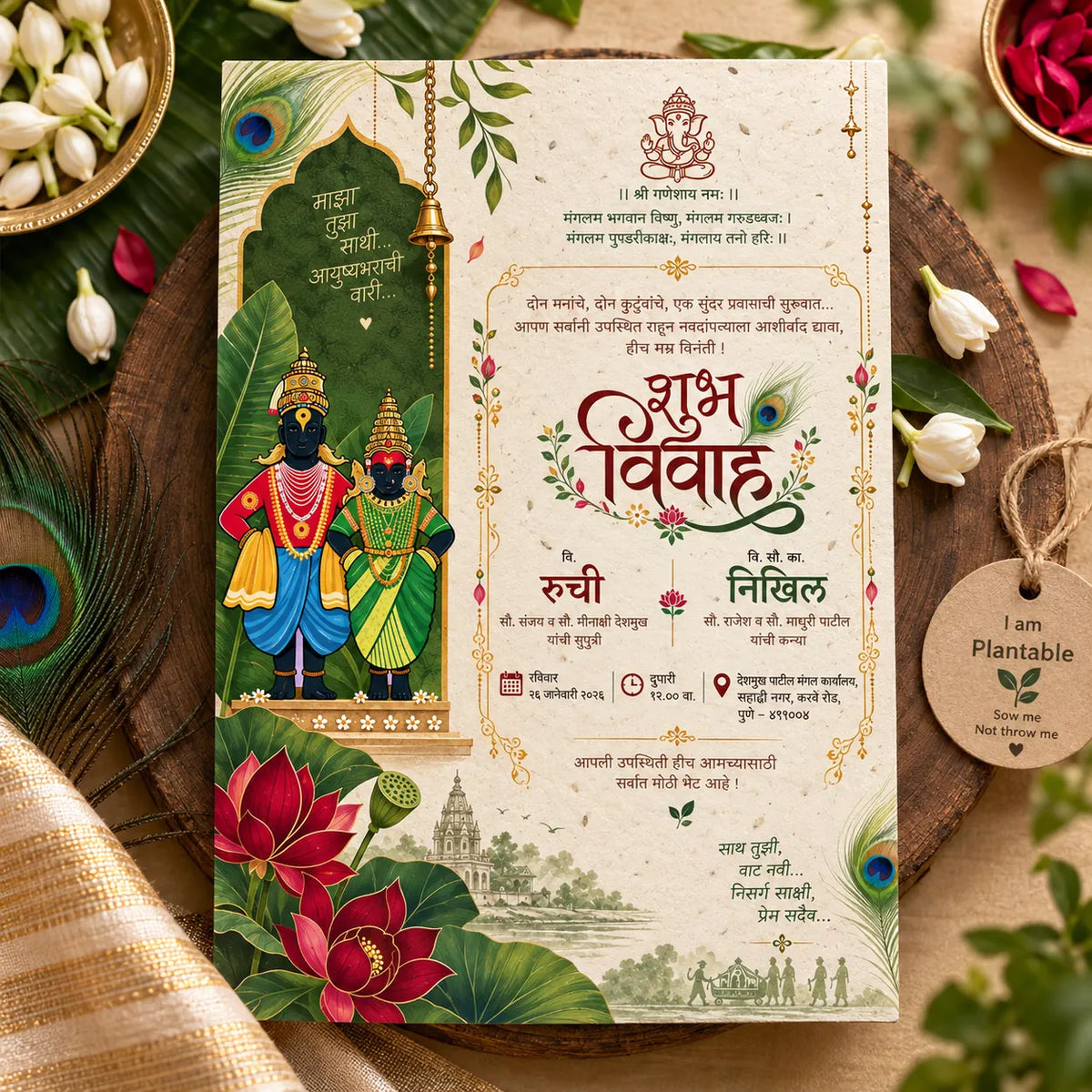 Wildlense Plantable Panduranga Rakhumai Marathi Plantable Wedding Invitation Card