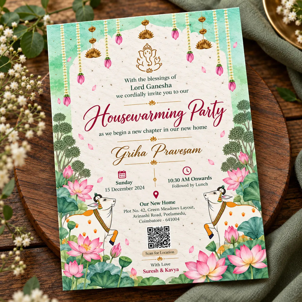 Wildlense Plantable Sacred Lotus & Cow Griha Pravesam Plantable Invitation Card