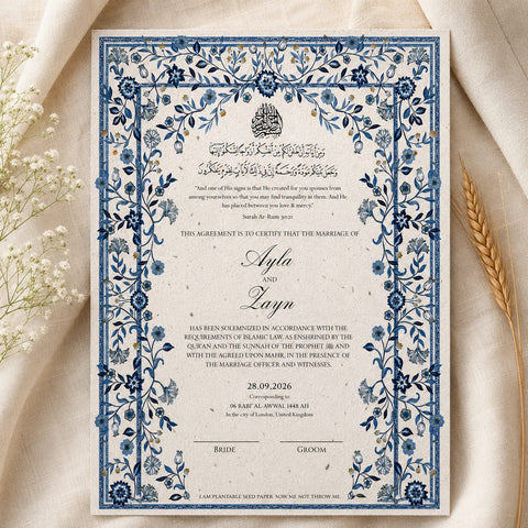 Wildlense Royal Blue Floral Nikah Plantable Wedding Invitation Card
