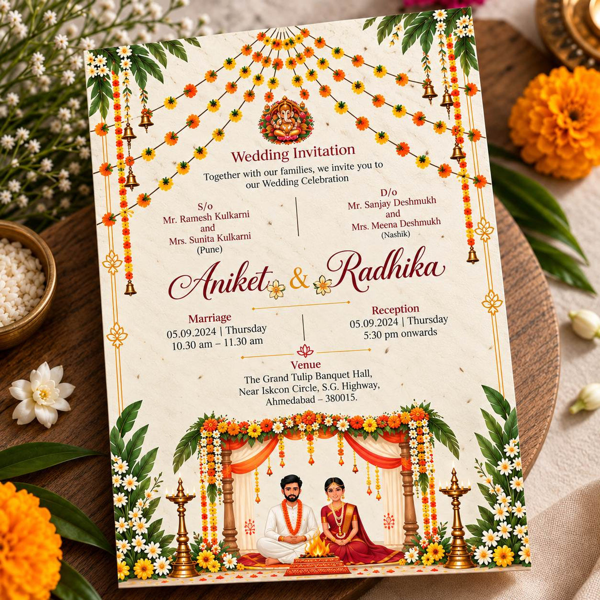 Wildlense South Indian Plantable Marigold Garlands Seed Paper Wedding Invitation Card