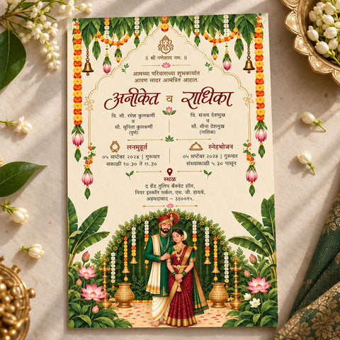 Wildlense Traditional Royal Marathi Lotus Garden Plantable Wedding Invitation Card