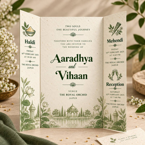 Wildlense Plantable  Door Fold  Elegant Green Botanical Wedding Invitation Card