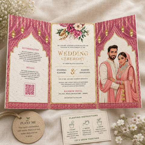 Wildlense Plantable Royal Pink Bloom Doorfold Wedding Invitation Card