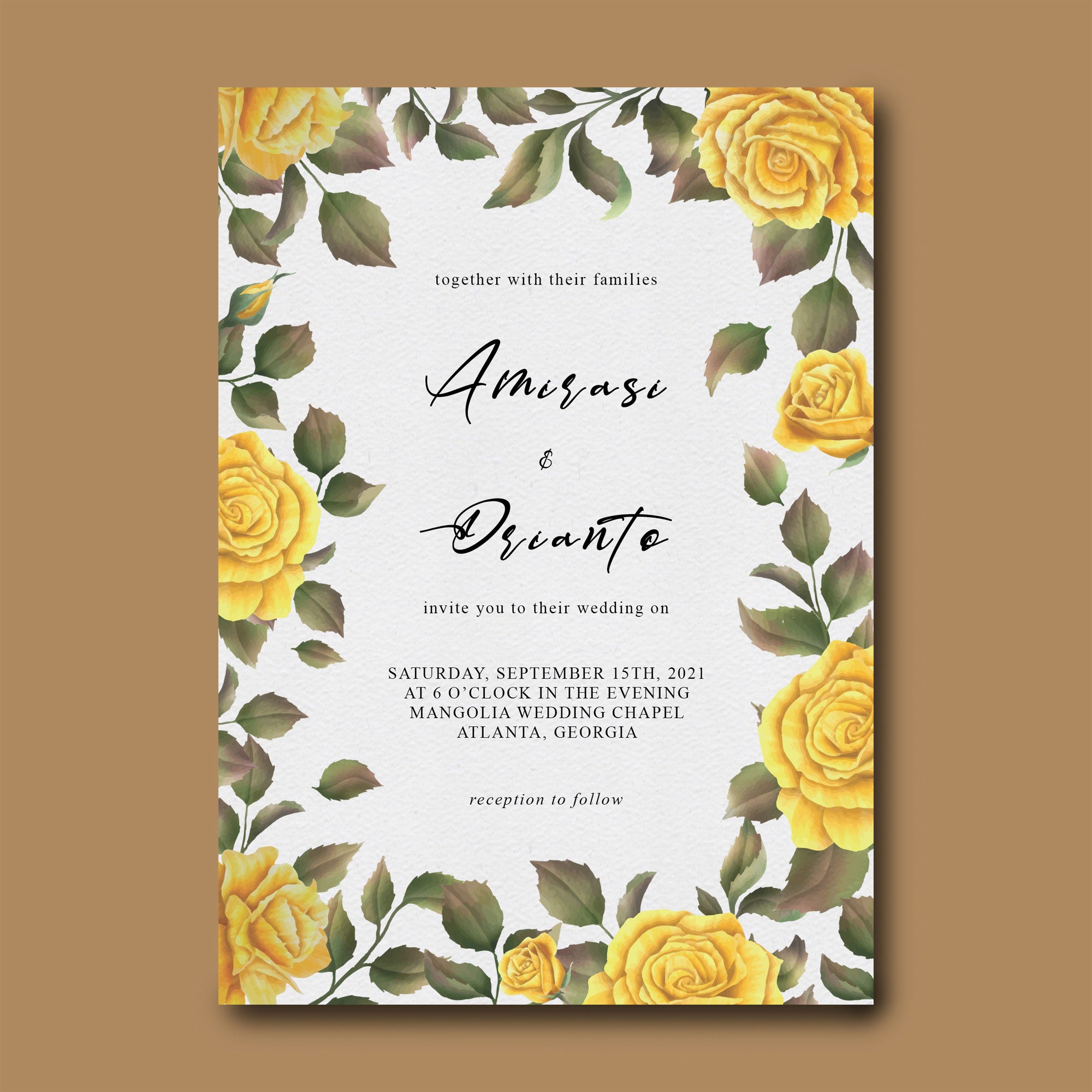 Plantable Yellow Roses Flower Frame Wedding Invitation Card
