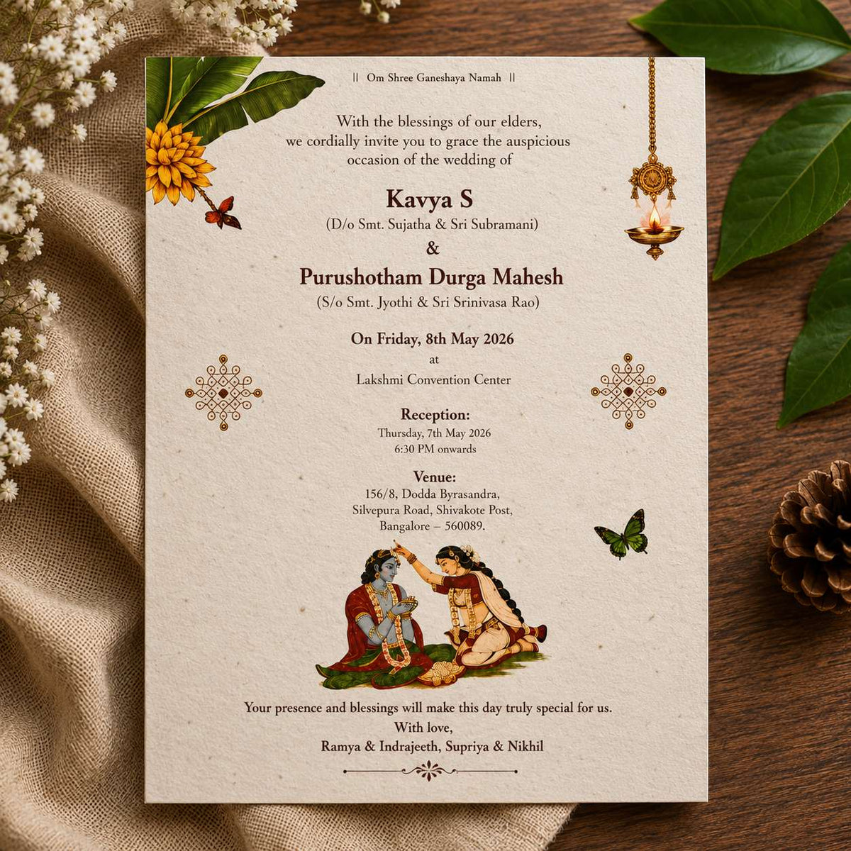 Traditional South Indian Hindu Plantable Wedding Invitation Card With Envelop
