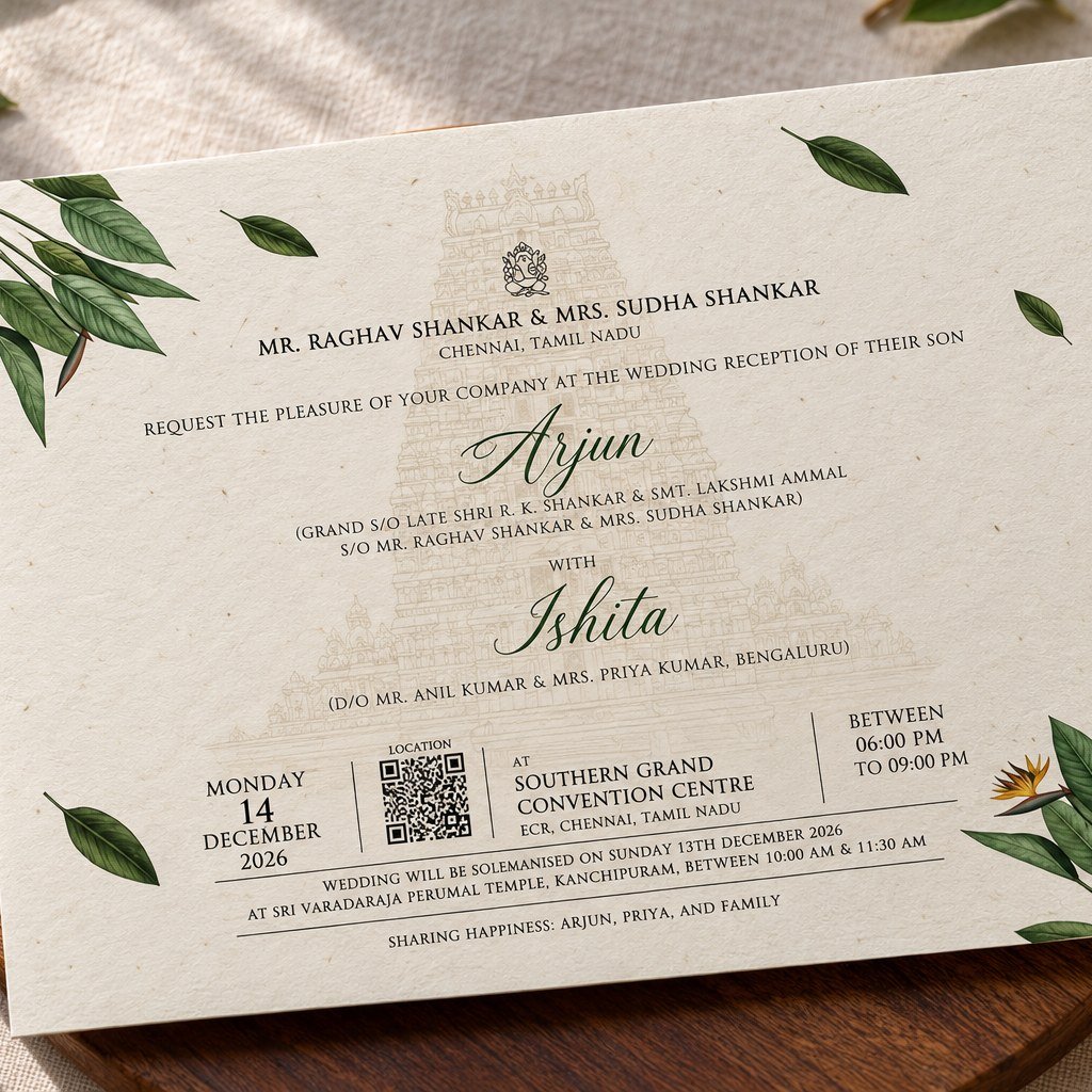 Wildlense South Indian Temple Wedding Invitation Card – Botanical Elegance