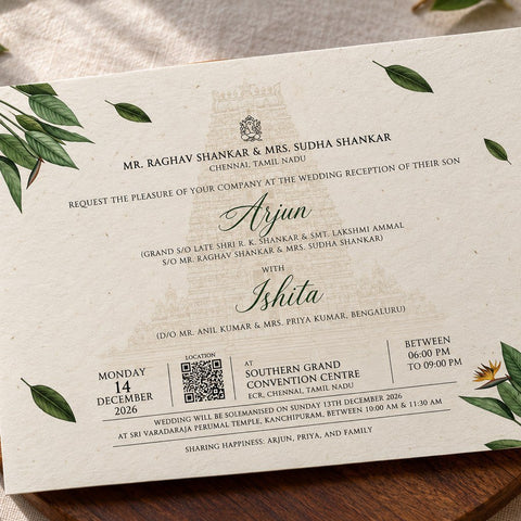 Wildlense South Indian Temple Wedding Invitation Card – Botanical Elegance
