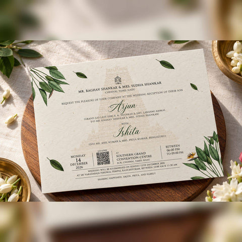Wildlense South Indian Temple Wedding Invitation Card – Botanical Elegance